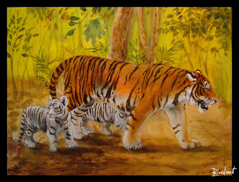 white tiger cubs mother jungle painting canvas acrylic Paintings Tigers family Paintings