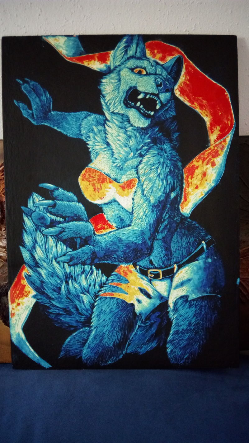 scratchboard commission artwork wolf anthropomorphic furry blue female Bit of correcting :)