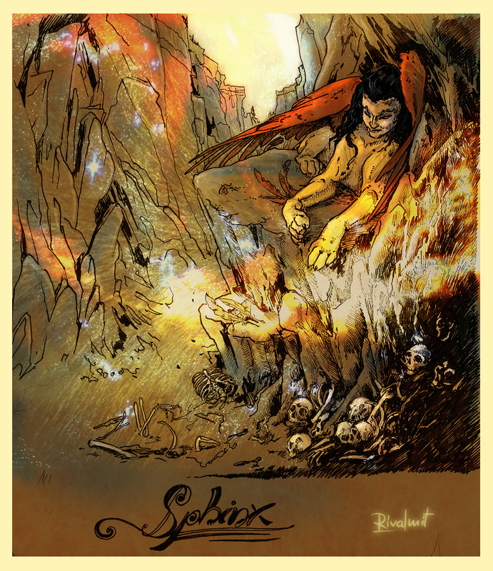 sphinx greek digital drawing End riddle